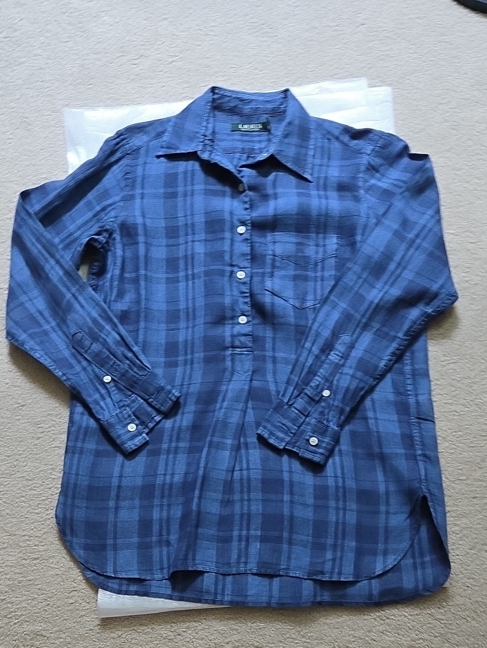 Ralph Lauren Blue Plaid Linen Long-Sleeve Button Shirt